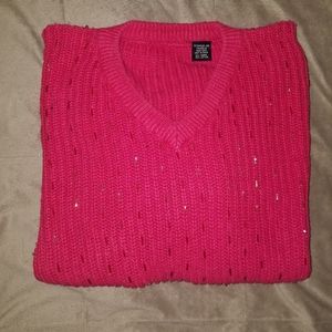 Red V-Neck Beaded Sweater